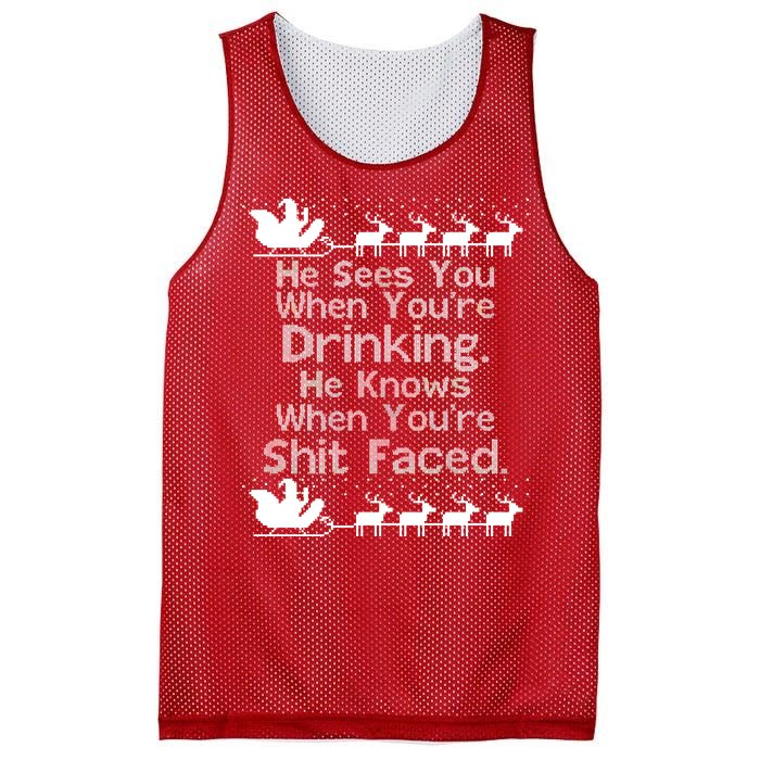 Sees You When You're Drinking Knows When You're Shit Faced Ugly Christmas Mesh Reversible Basketball Jersey Tank