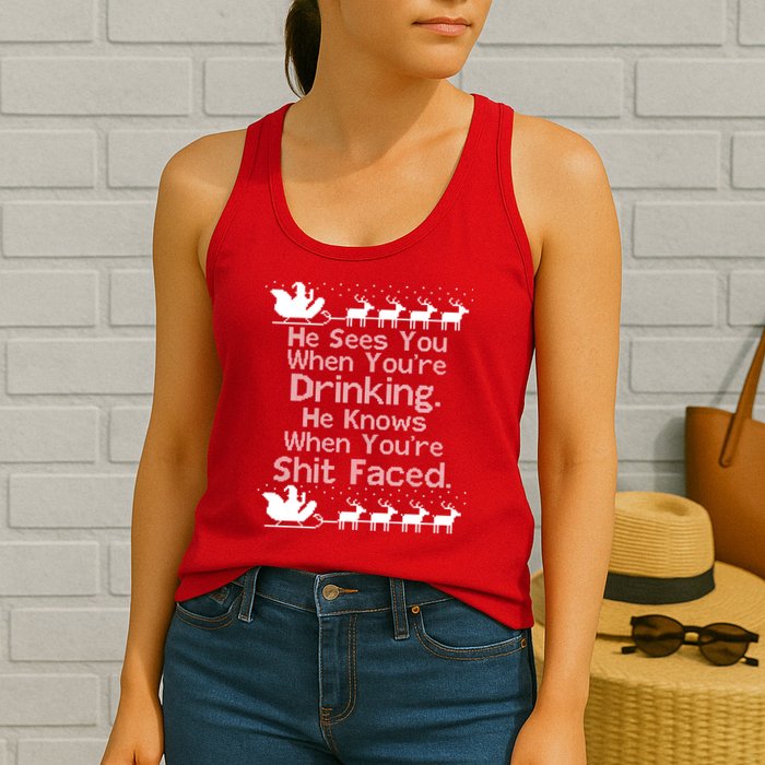 Sees You When You're Drinking Knows When You're Shit Faced Ugly Christmas Womens Tank Top