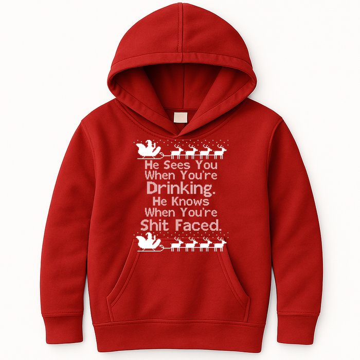 Sees You When You're Drinking Knows When You're Shit Faced Ugly Christmas Kids Hoodie