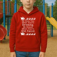 Sees You When You're Drinking Knows When You're Shit Faced Ugly Christmas Kids Hoodie