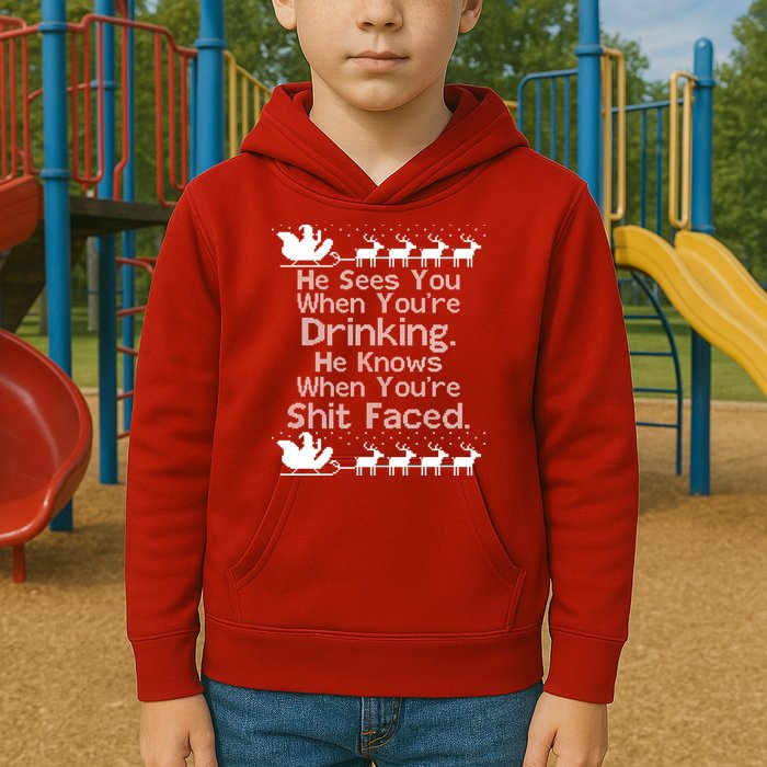 Sees You When You're Drinking Knows When You're Shit Faced Ugly Christmas Kids Hoodie