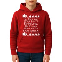 Sees You When You're Drinking Knows When You're Shit Faced Ugly Christmas Kids Hoodie