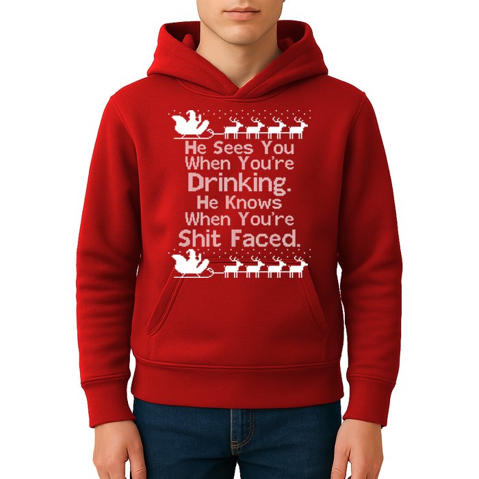 Sees You When You're Drinking Knows When You're Shit Faced Ugly Christmas Kids Hoodie