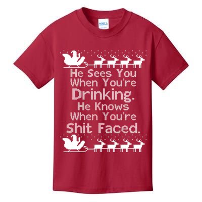 Sees You When You're Drinking Knows When You're Shit Faced Ugly Christmas Kids T-Shirt