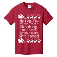 Sees You When You're Drinking Knows When You're Shit Faced Ugly Christmas Kids T-Shirt