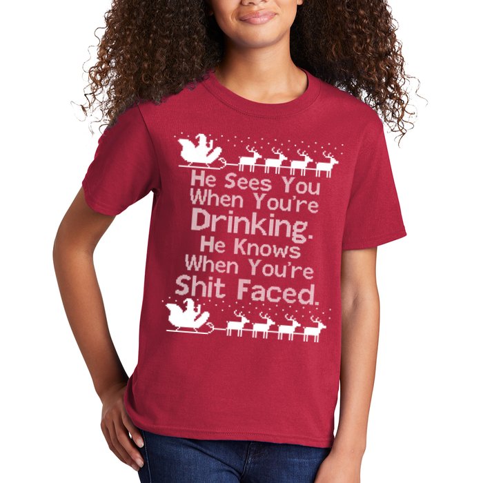 Sees You When You're Drinking Knows When You're Shit Faced Ugly Christmas Kids T-Shirt