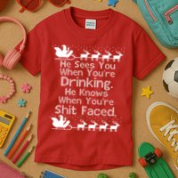 Sees You When You're Drinking Knows When You're Shit Faced Ugly Christmas Kids T-Shirt