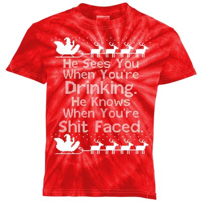 Sees You When You're Drinking Knows When You're Shit Faced Ugly Christmas Kids Tie-Dye T-Shirt