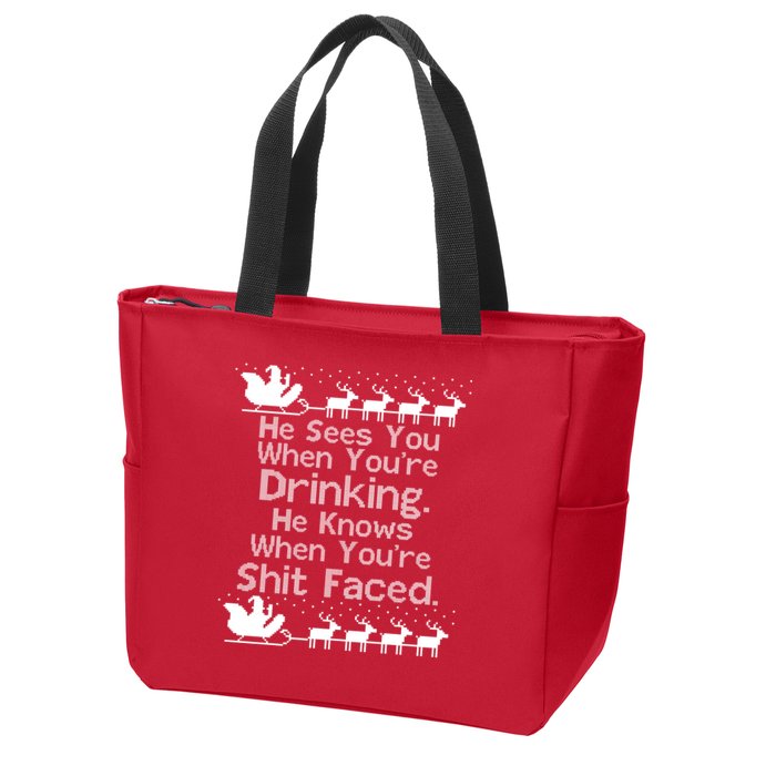 Sees You When You're Drinking Knows When You're Shit Faced Ugly Christmas Zip Tote Bag
