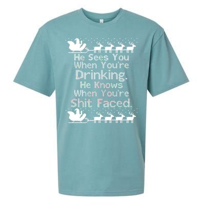 Sees You When You're Drinking Knows When You're Shit Faced Ugly Christmas Sueded Cloud Jersey T-Shirt