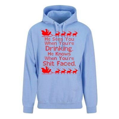 Sees You When You're Drinking Knows When You're Shit Faced Ugly Christmas Unisex Surf Hoodie