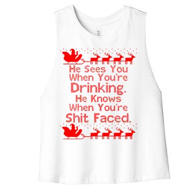 Sees You When You're Drinking Knows When You're Shit Faced Ugly Christmas Women's Racerback Cropped Tank