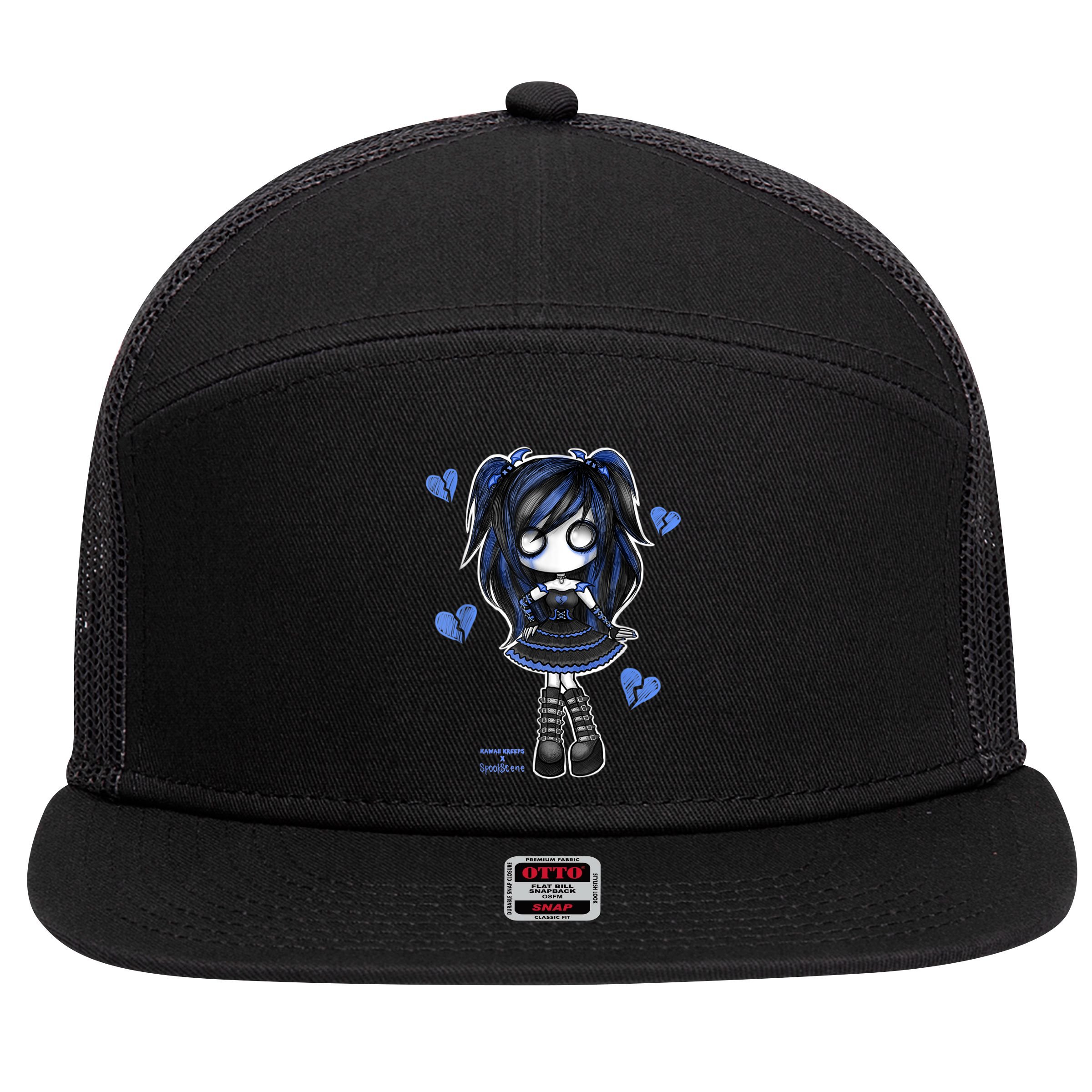 Spookscene Emo Girl Drawing Soft Goth Mall Goth Alt Blue 7 Panel Mesh Trucker Snapback Hat