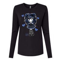 Spookscene Emo Girl Drawing Soft Goth Mall Goth Alt Blue Womens Cotton Relaxed Long Sleeve T-Shirt