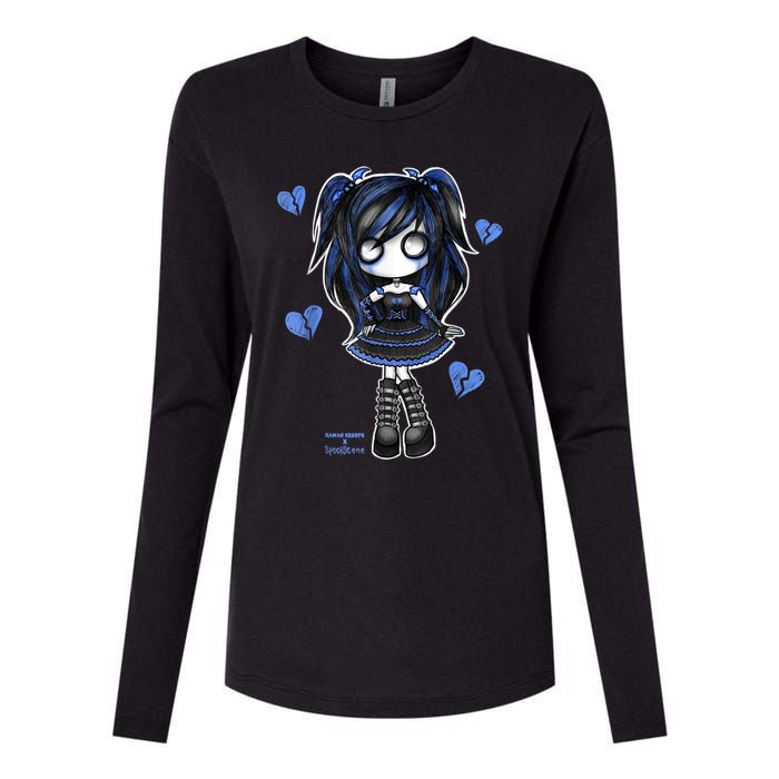 Spookscene Emo Girl Drawing Soft Goth Mall Goth Alt Blue Womens Cotton Relaxed Long Sleeve T-Shirt