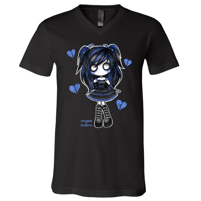 Spookscene Emo Girl Drawing Soft Goth Mall Goth Alt Blue V-Neck T-Shirt