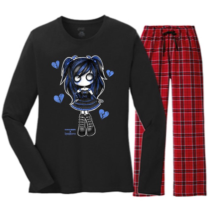 Spookscene Emo Girl Drawing Soft Goth Mall Goth Alt Blue Women's Long Sleeve Flannel Pajama Set 