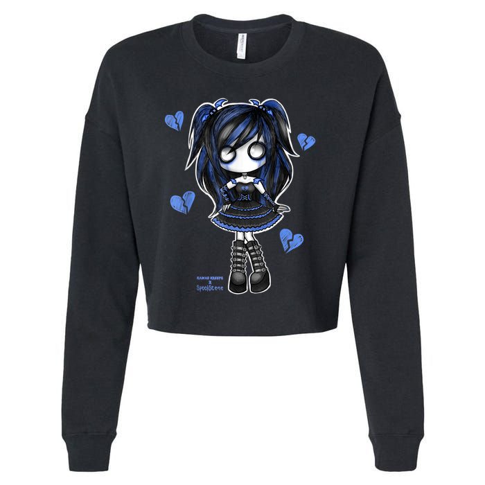 Spookscene Emo Girl Drawing Soft Goth Mall Goth Alt Blue Cropped Pullover Crew