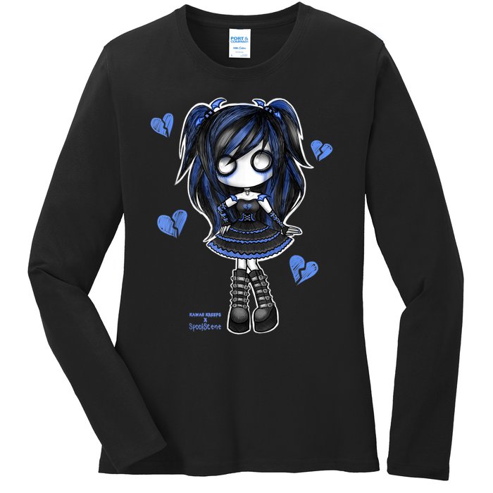 Spookscene Emo Girl Drawing Soft Goth Mall Goth Alt Blue Ladies Long Sleeve Shirt