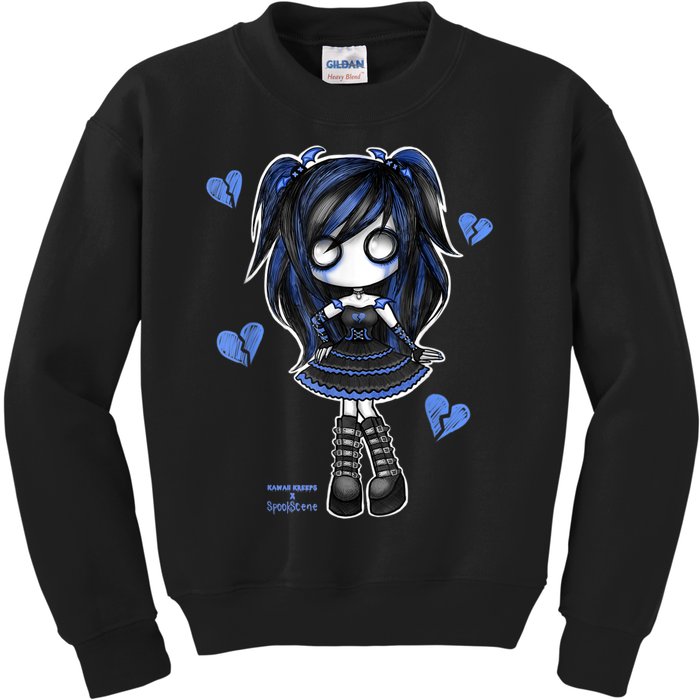 Spookscene Emo Girl Drawing Soft Goth Mall Goth Alt Blue Kids Sweatshirt