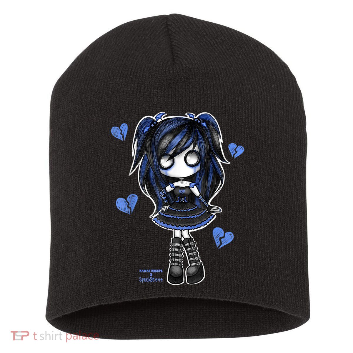 Spookscene Emo Girl Drawing Soft Goth Mall Goth Alt Blue Short Acrylic Beanie