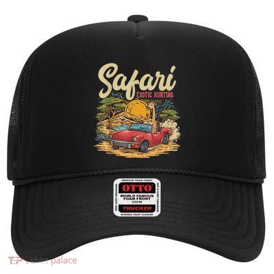 Safari Exotic Hunting Giraffe In A Sports Car Design High Crown Mesh Back Trucker Hat