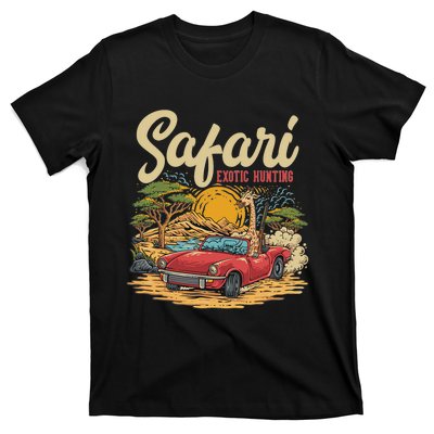 Safari Exotic Hunting Giraffe In A Sports Car Design T-Shirt