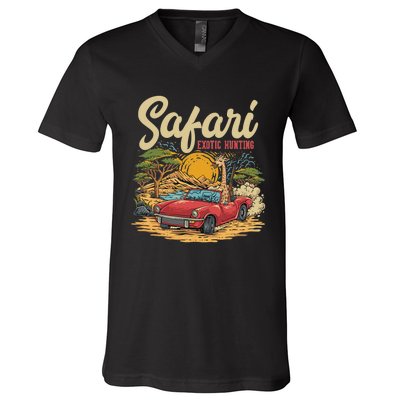 Safari Exotic Hunting Giraffe In A Sports Car Design V-Neck T-Shirt