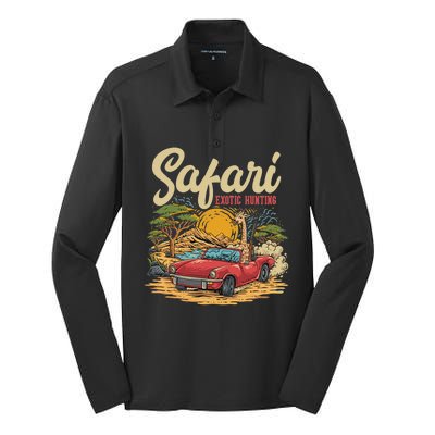 Safari Exotic Hunting Giraffe In A Sports Car Design Silk Touch Performance Long Sleeve Polo