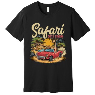 Safari Exotic Hunting Giraffe In A Sports Car Design Premium T-Shirt