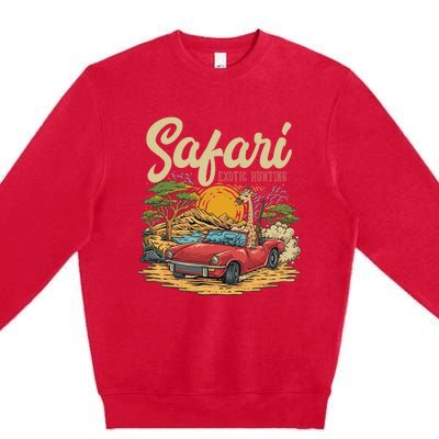 Safari Exotic Hunting Giraffe In A Sports Car Design Premium Crewneck Sweatshirt