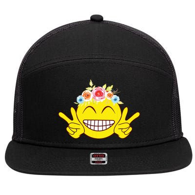 Smile Emoticon Happy Face Peace Love Cute 7 Panel Mesh Trucker Snapback Hat