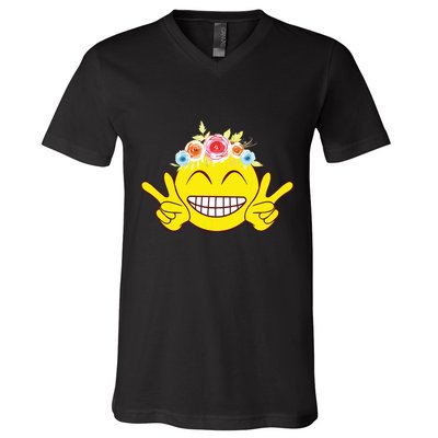 Smile Emoticon Happy Face Peace Love Cute V-Neck T-Shirt