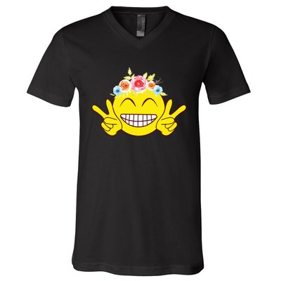 Smile Emoticon Happy Face Peace Love Cute V-Neck T-Shirt