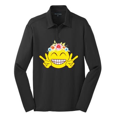 Smile Emoticon Happy Face Peace Love Cute Silk Touch Performance Long Sleeve Polo