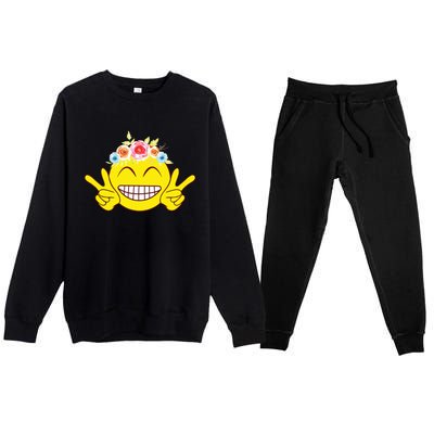 Smile Emoticon Happy Face Peace Love Cute Premium Crewneck Sweatsuit Set