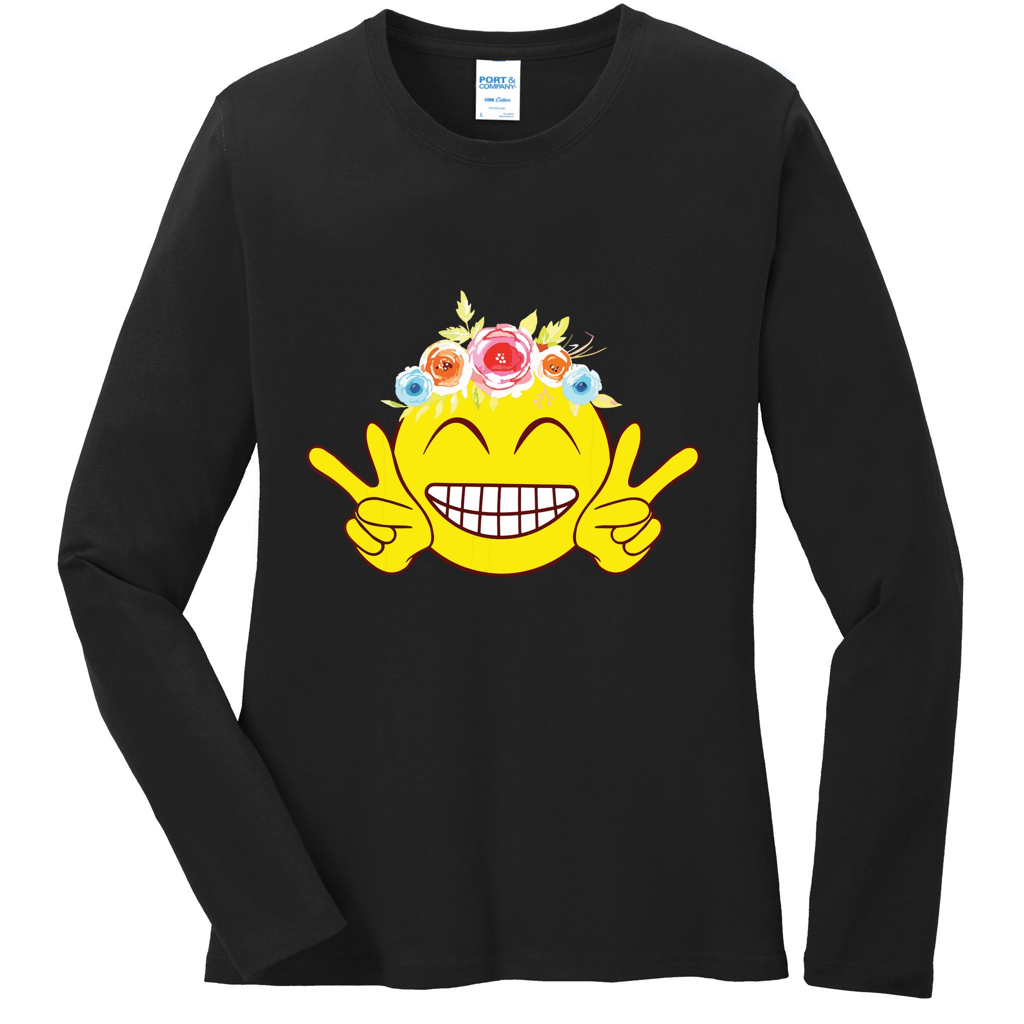 Smile Emoticon Happy Face Peace Love Cute Ladies Long Sleeve Shirt