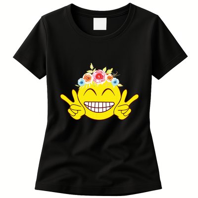 Smile Emoticon Happy Face Peace Love Cute Womens T-Shirt