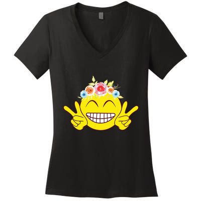 Smile Emoticon Happy Face Peace Love Cute Women's V-Neck T-Shirt