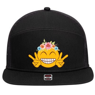 Smile Emoticon Happy Face Peace Love Funny 7 Panel Mesh Trucker Snapback Hat