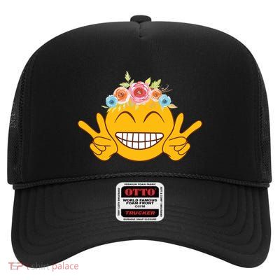 Smile Emoticon Happy Face Peace Love Funny High Crown Mesh Back Trucker Hat
