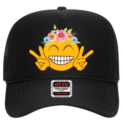 Smile Emoticon Happy Face Peace Love Funny High Crown Mesh Back Trucker Hat