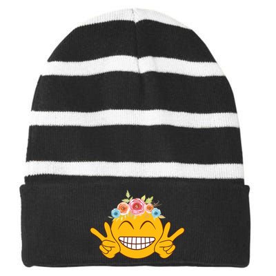 Smile Emoticon Happy Face Peace Love Funny Striped Beanie with Solid Band