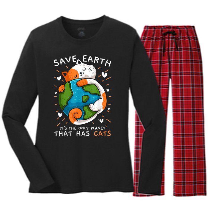 Save Earth ItS The Only Planet That Has Cats Earth Day Women's Long Sleeve Flannel Pajama Set 