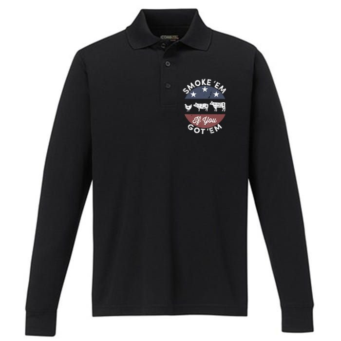 Smoke Em If you Got Em Meat Barbeque Vintage Performance Long Sleeve Polo