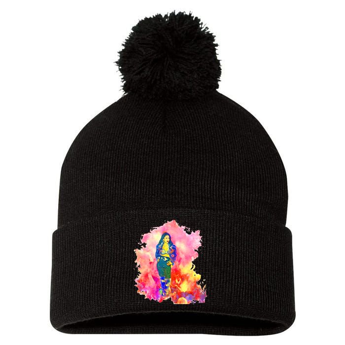 Selenas Quintanilla Watercolor Pom Pom 12in Knit Beanie