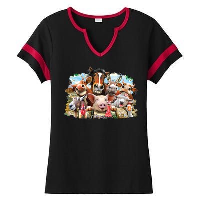 Selfie Farm Animals Funny  Ladies Halftime Notch Neck Tee