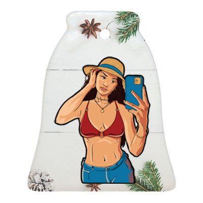 Selfie Girl Ceramic Bell Ornament