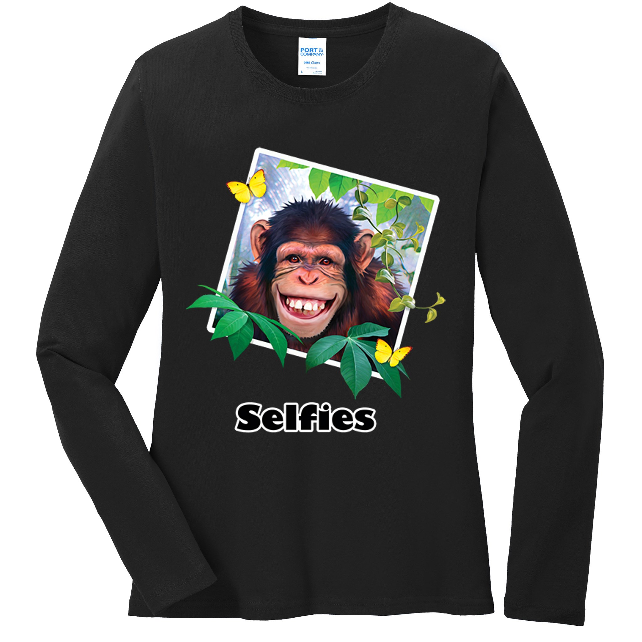 Selfies - Chimp Funny Selfie  Ladies Long Sleeve Shirt