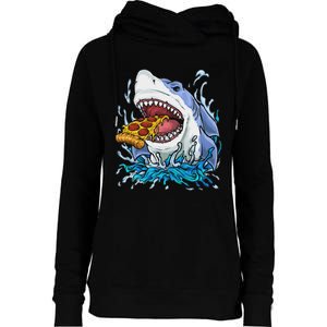 Shark Eating Pizza Womens Funnel Neck Pullover Hood